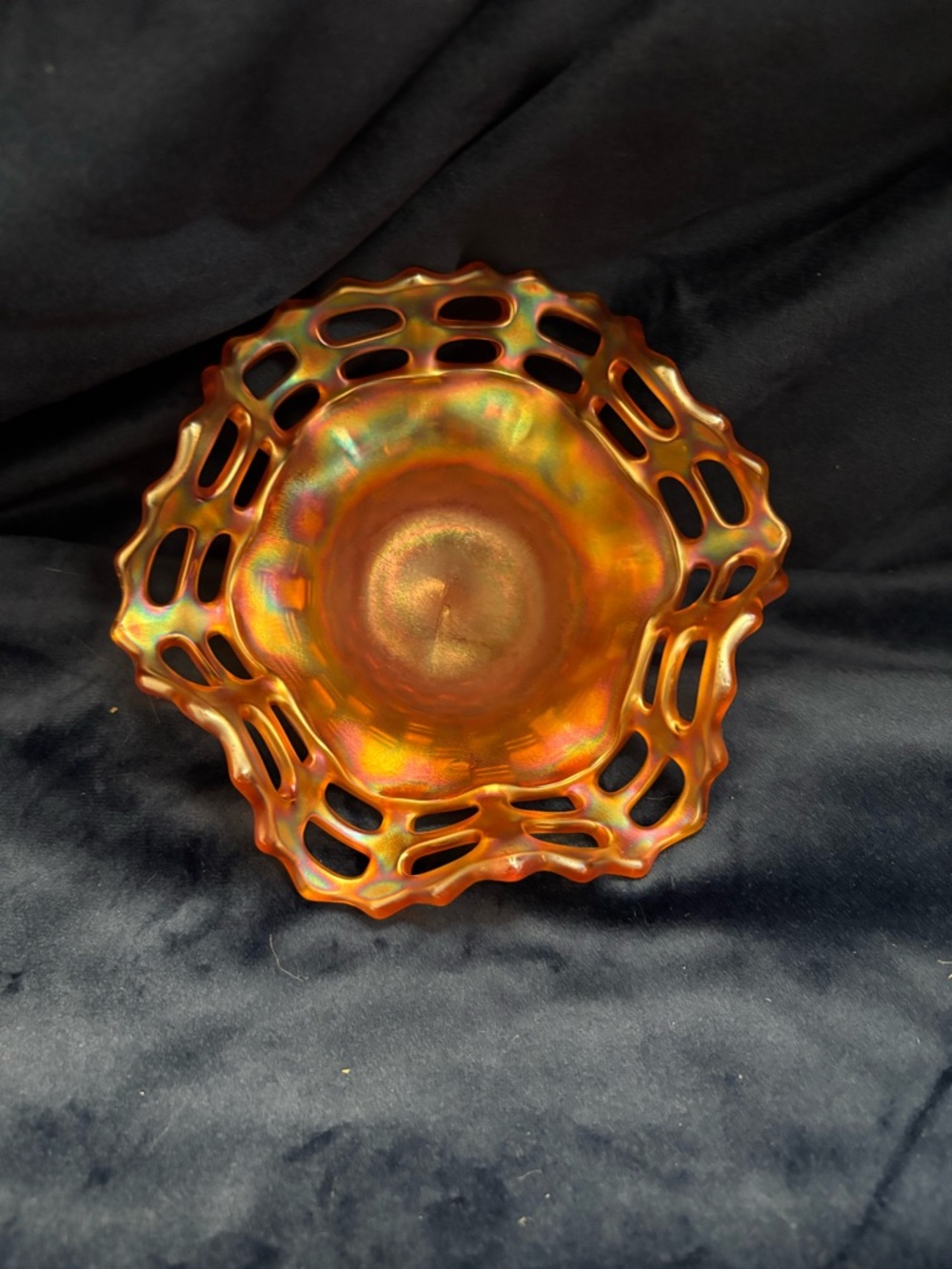 Fenton Iridescent Orange Carnival Glass Openwork Bowl